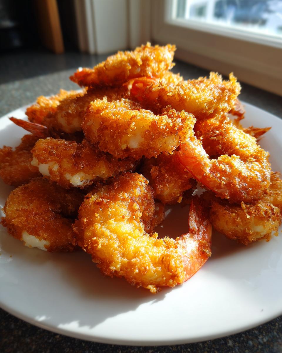 A mound of golden brown, crispy fried shrimp piled high on a white plate, ready to eat.