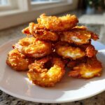 A tall stack of golden brown, crispy fried shrimp piled high on a white plate.