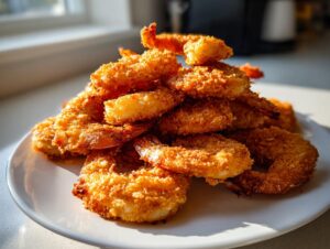 A tall stack of perfectly golden, crispy fried shrimp piled high on a white plate, catching the sunlight.