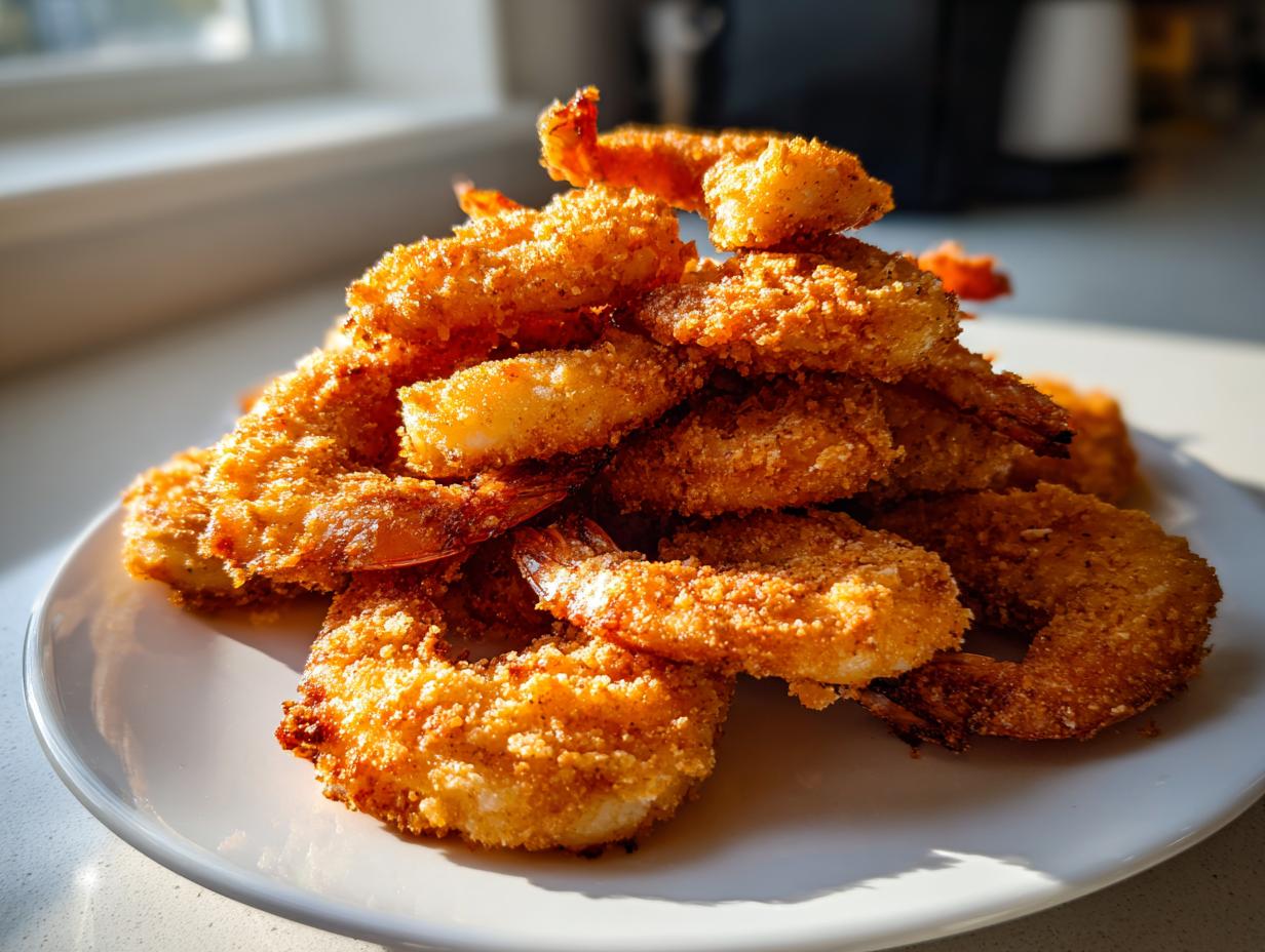 A tall stack of perfectly golden, crispy fried shrimp piled high on a white plate, catching the sunlight.