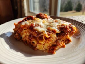 A generous slice of amazing instant pot lasagna topped with melted mozzarella cheese and rich meat sauce on a white plate.