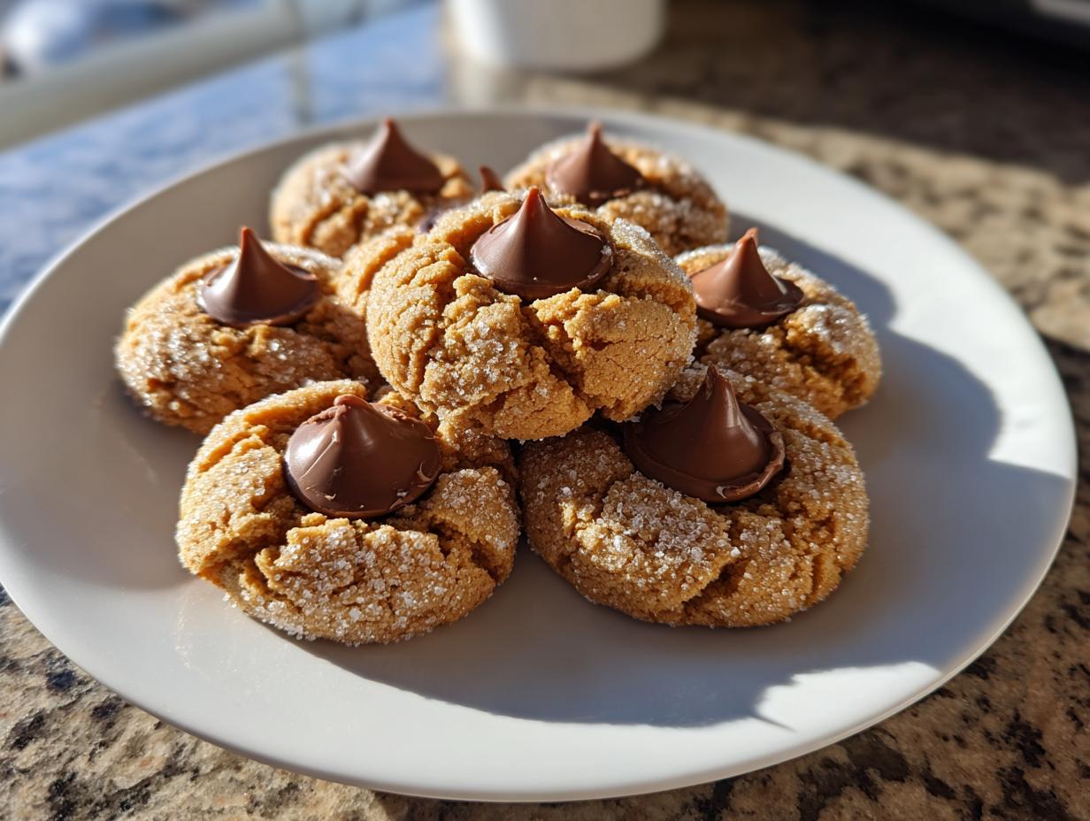 A stack of freshly baked kiss cookies, rolled in sugar and topped with a chocolate kiss, displayed on a white plate.
