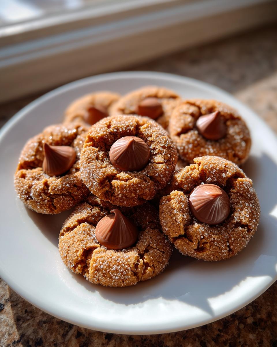 A plate piled high with freshly baked, sugar-coated kiss cookies, each topped with a chocolate candy.