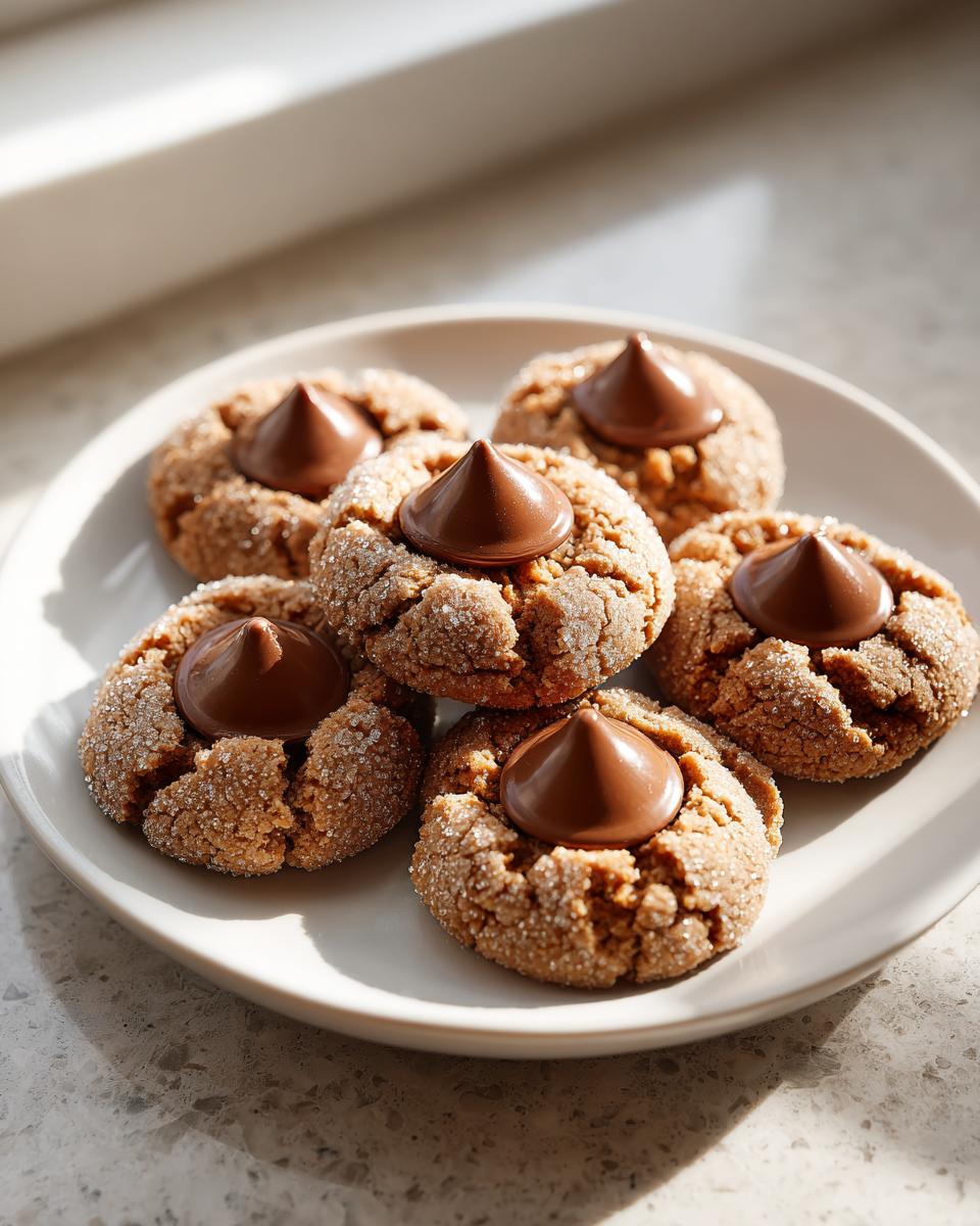 A plate holding five freshly baked kiss cookies, rolled in sugar and topped with a chocolate candy.