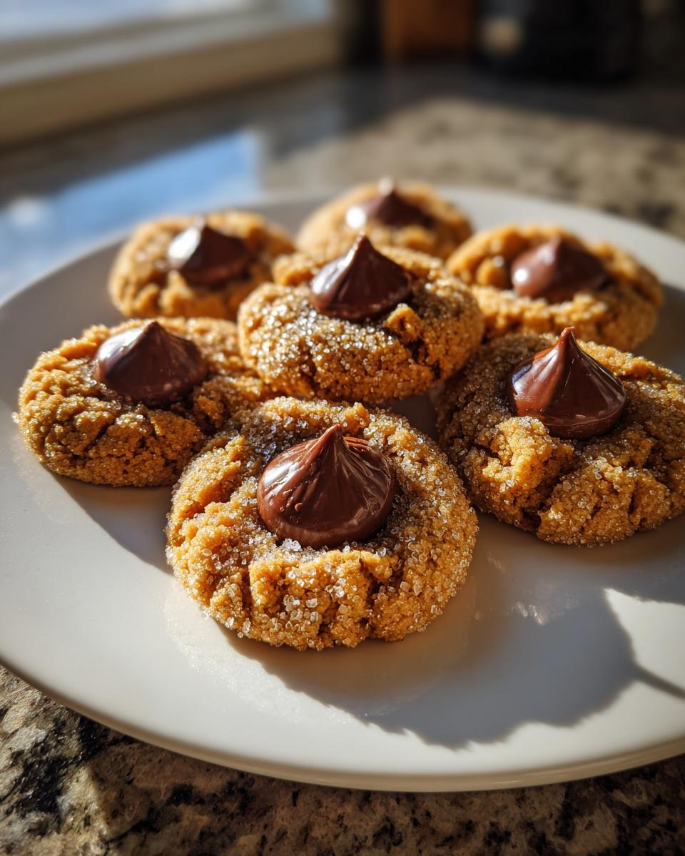 A plate featuring several golden, sugar-coated kiss cookies, each topped with a melted chocolate candy.