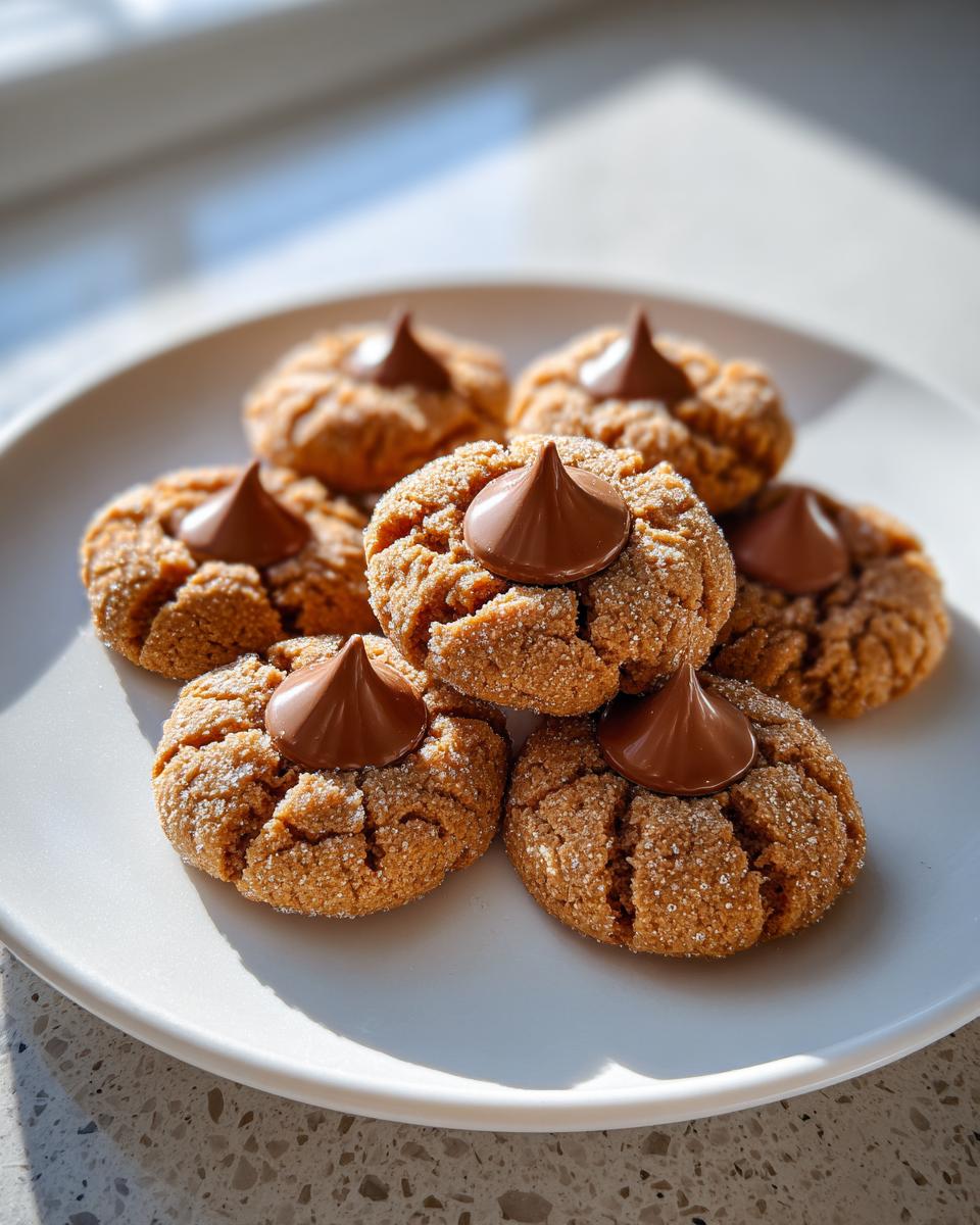 A stack of freshly baked kiss cookies, rolled in sugar and topped with a chocolate kiss, sitting on a white plate.