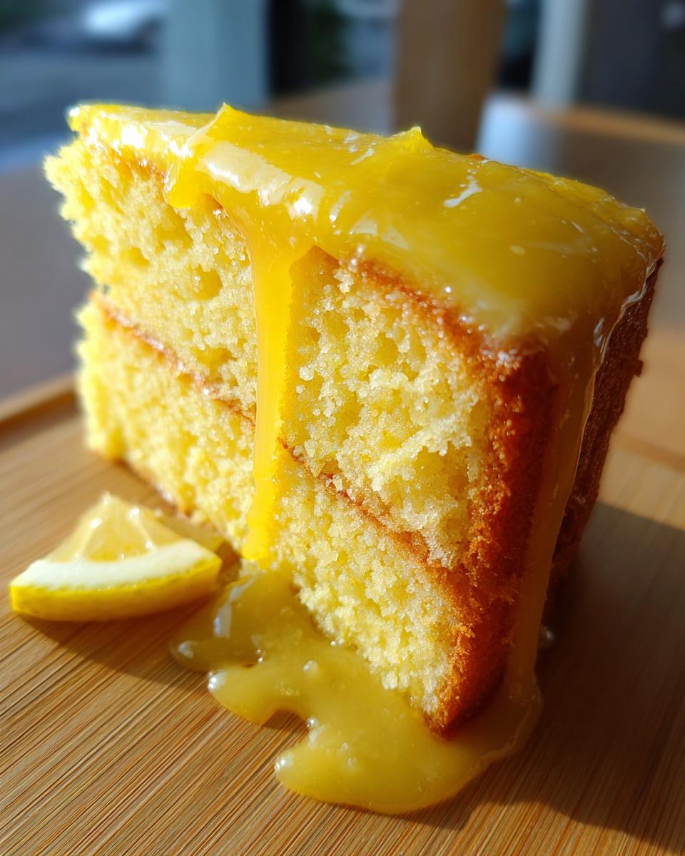 Close-up of a moist slice of lemon cake recipe topped with thick, dripping lemon glaze and a small lemon wedge.