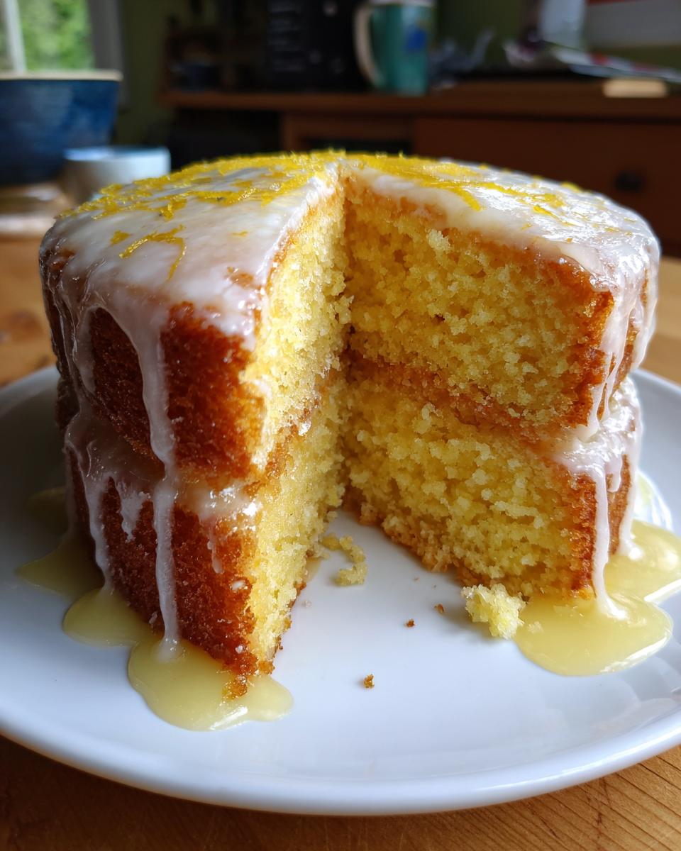 A slice cut from a two-layer lemon cake recipe, topped with white glaze and lemon zest.