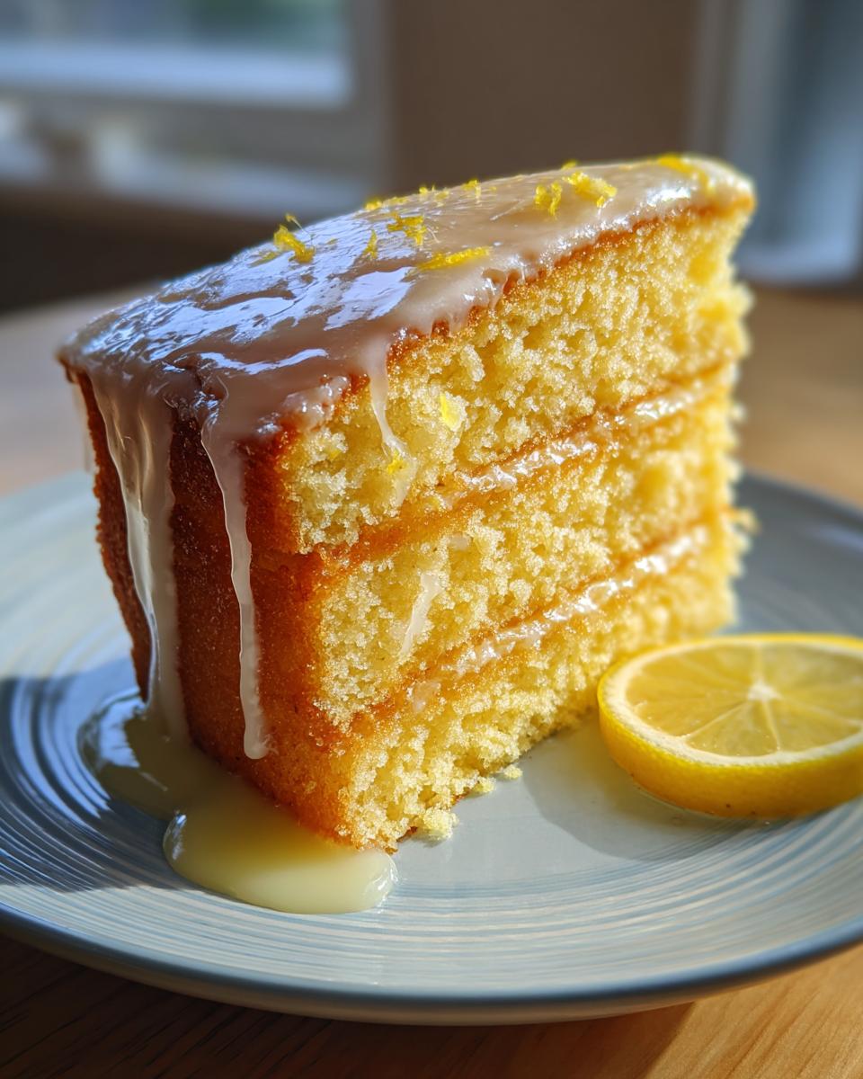 A moist slice of layered lemon cake recipe topped with a thick glaze and lemon zest, served with a lemon slice.