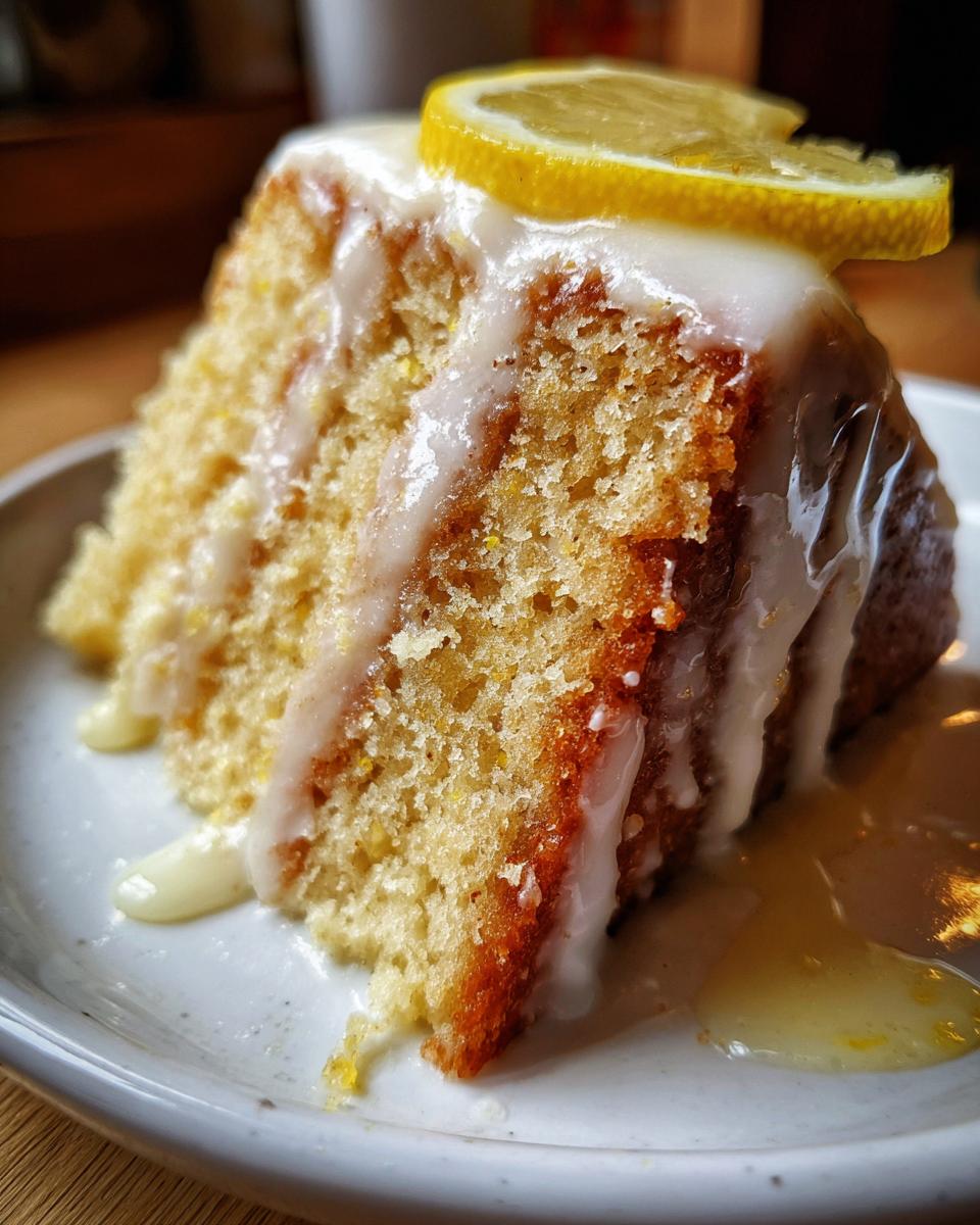 Close-up of a moist slice of lemon cake recipe, drizzled with white glaze and topped with a lemon slice.