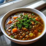 A close-up of a white bowl filled with rich, brown lentil soup, topped generously with fresh chopped parsley.