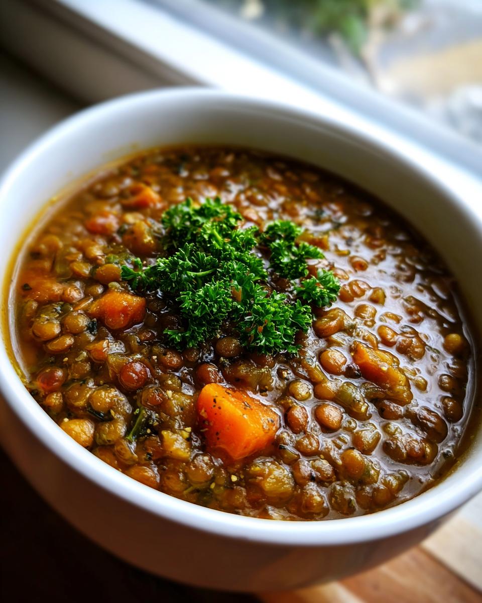 Close-up of a hearty bowl of amazing lentil soup, garnished with fresh parsley and visible chunks of carrot.