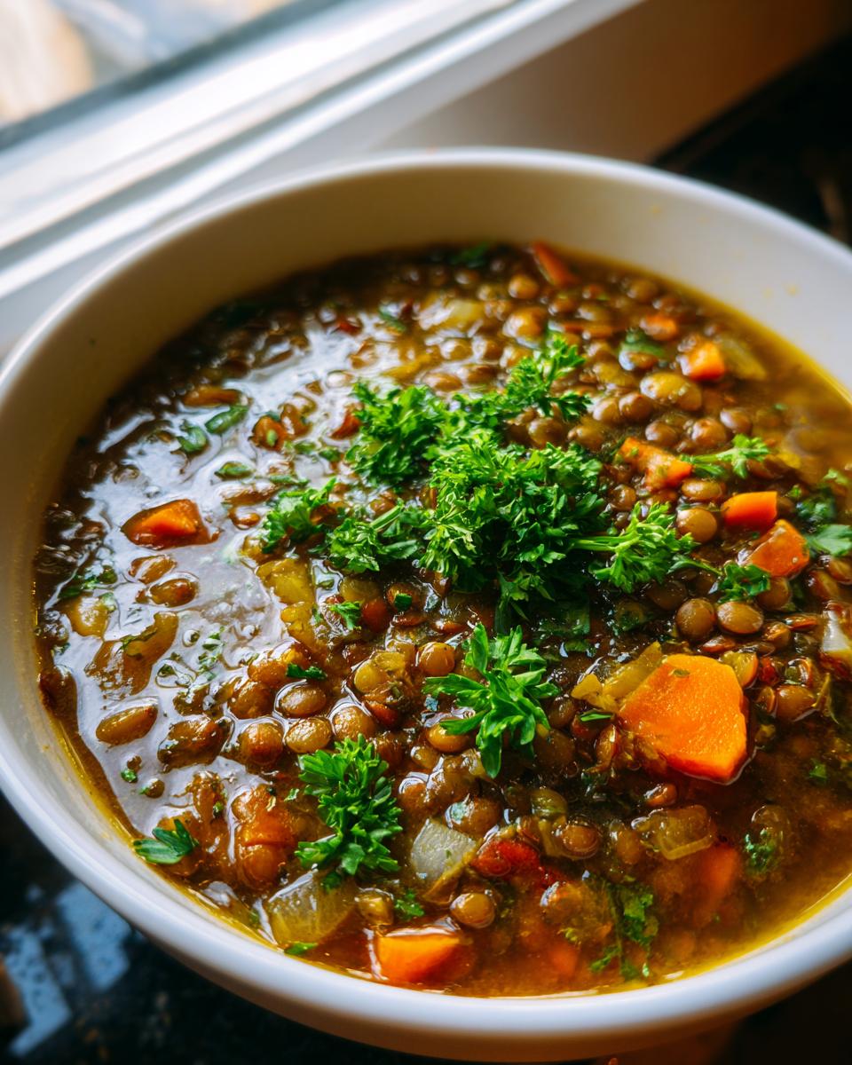 Close-up of a rich, dark brown bowl of amazing lentil soup garnished with fresh parsley and chunks of carrot.