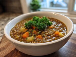 A close-up of a white bowl filled with amazing lentil soup, featuring carrots and garnished with fresh parsley.