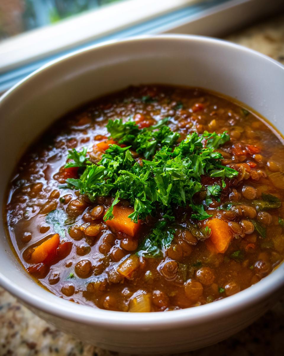 Close-up of a hearty bowl of amazing lentil soup topped with fresh parsley.