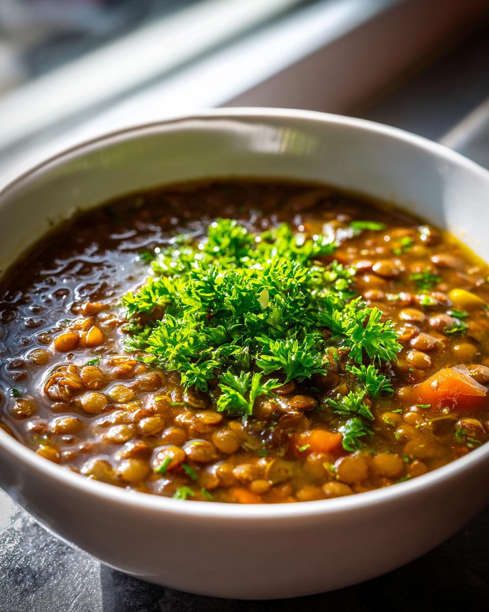 Close-up of a white bowl filled with rich, brown lentil soup, topped with fresh parsley.
