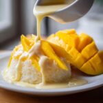 A close-up of amazing mango sticky rice being drizzled with sweet coconut cream sauce.