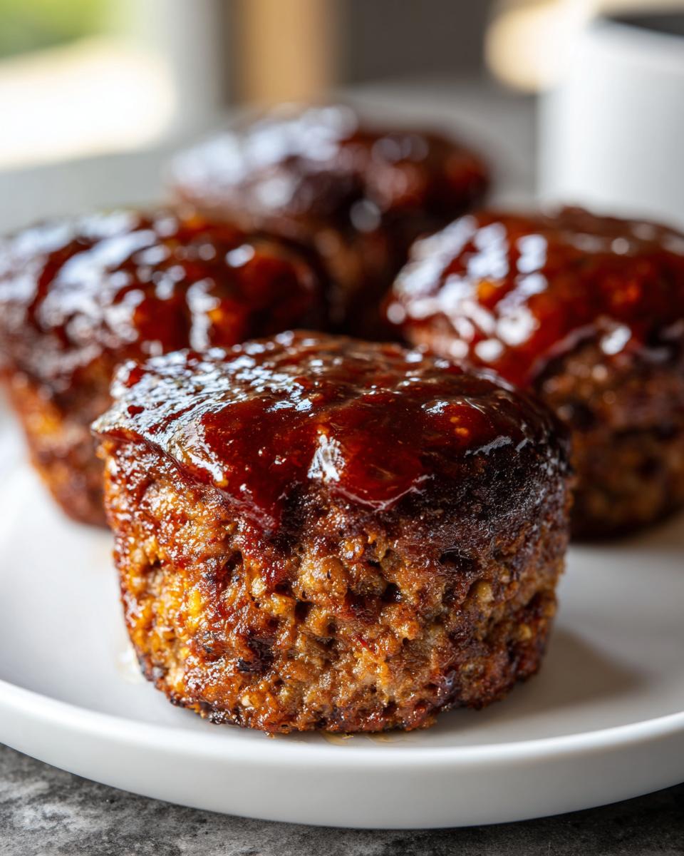 Close-up of a moist mini meatloaf topped with a thick, glossy brown sugar glaze.