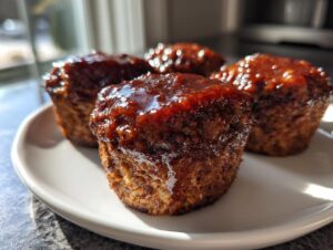 Four perfectly baked mini meatloaf portions topped with a shiny, dark glaze, resting on a white plate.