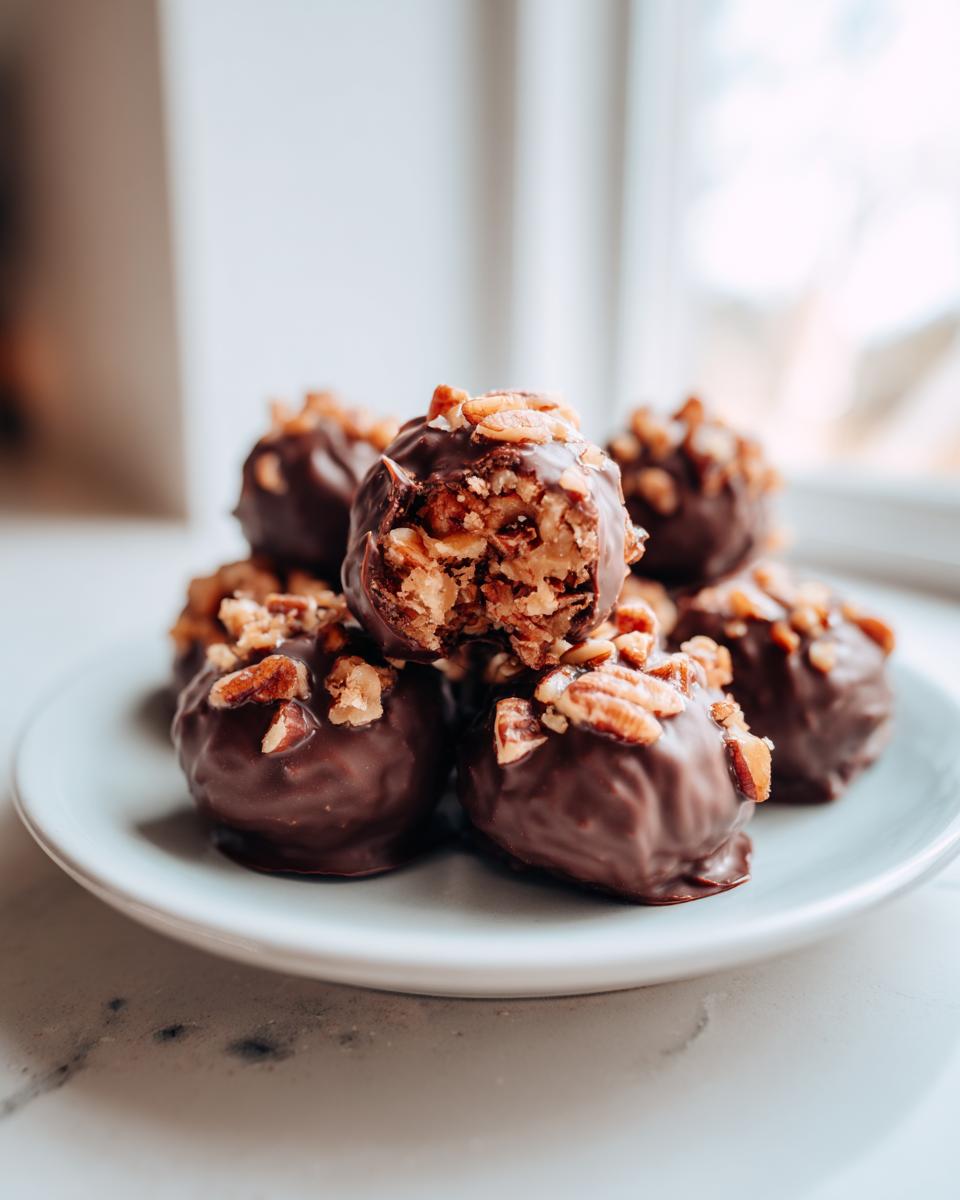 A stack of chocolate-dipped pecan pie balls topped with chopped pecans, one is bitten into.