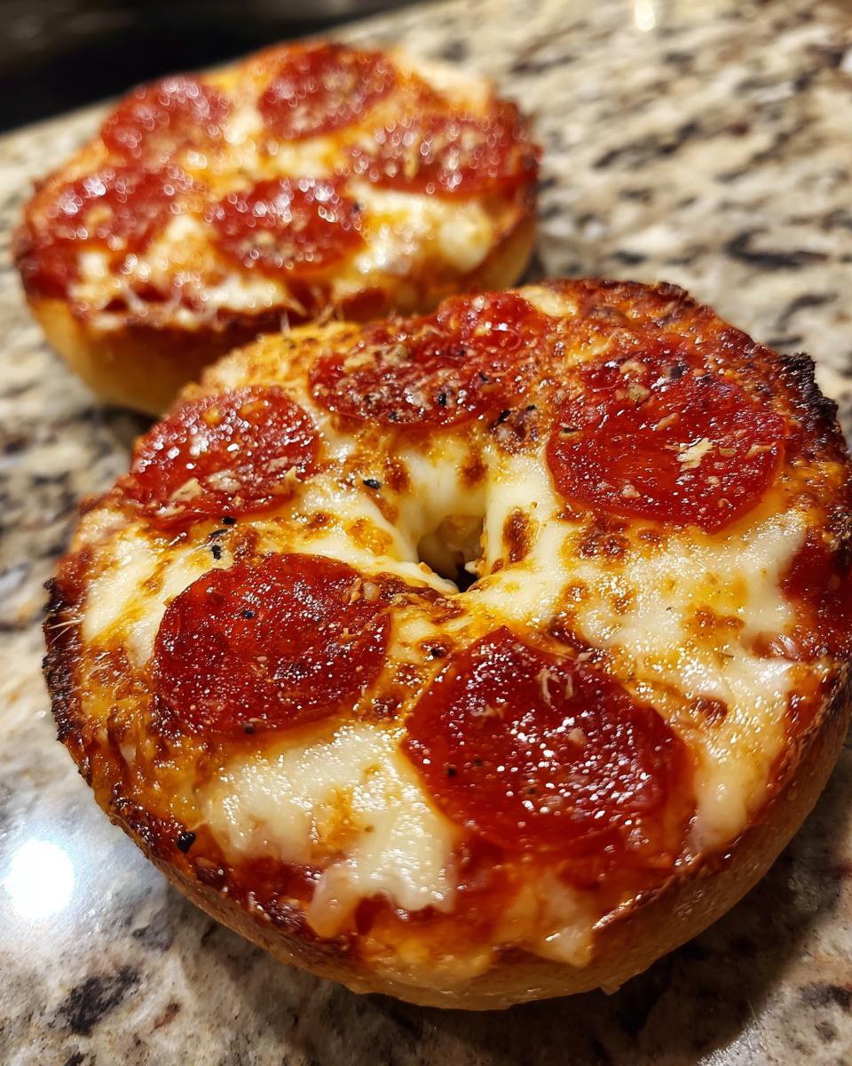 Close-up of two freshly baked pizza bagels topped with melted cheese and pepperoni, ready to eat.