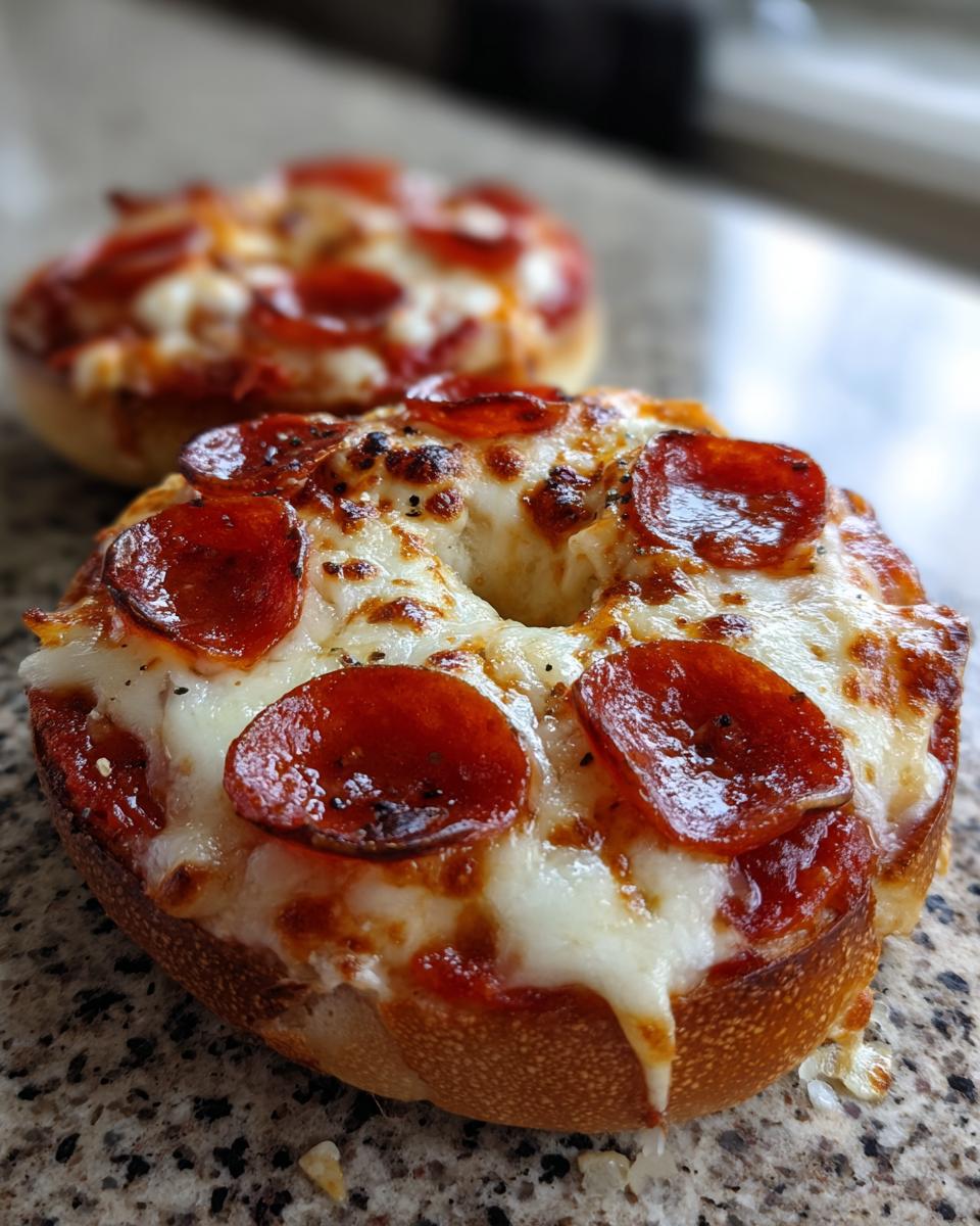 Close-up, appetizing shot of freshly baked pepperoni pizza bagels with melted, bubbling cheese.