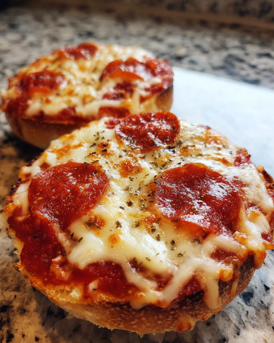 Two freshly baked pizza bagels topped with melted mozzarella cheese, pepperoni slices, and Italian herbs.