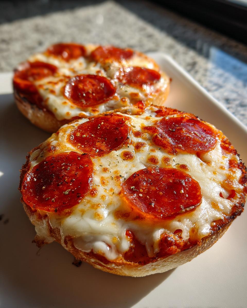 Two freshly baked pepperoni pizza bagels topped with melted mozzarella cheese and herbs, sitting on a white plate.