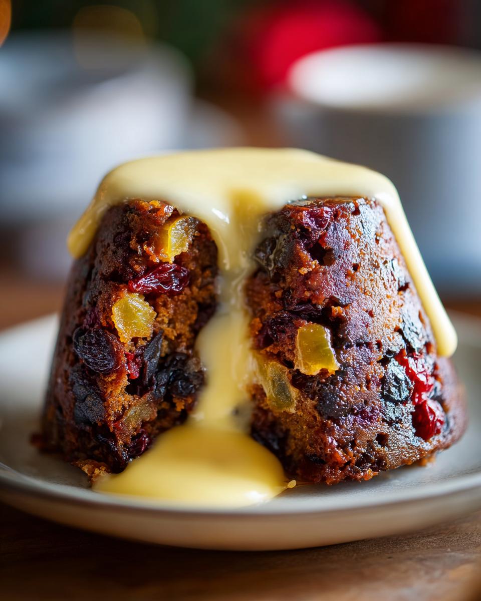 Close-up of a rich, dark plum pudding cut open, generously covered in flowing vanilla custard sauce.