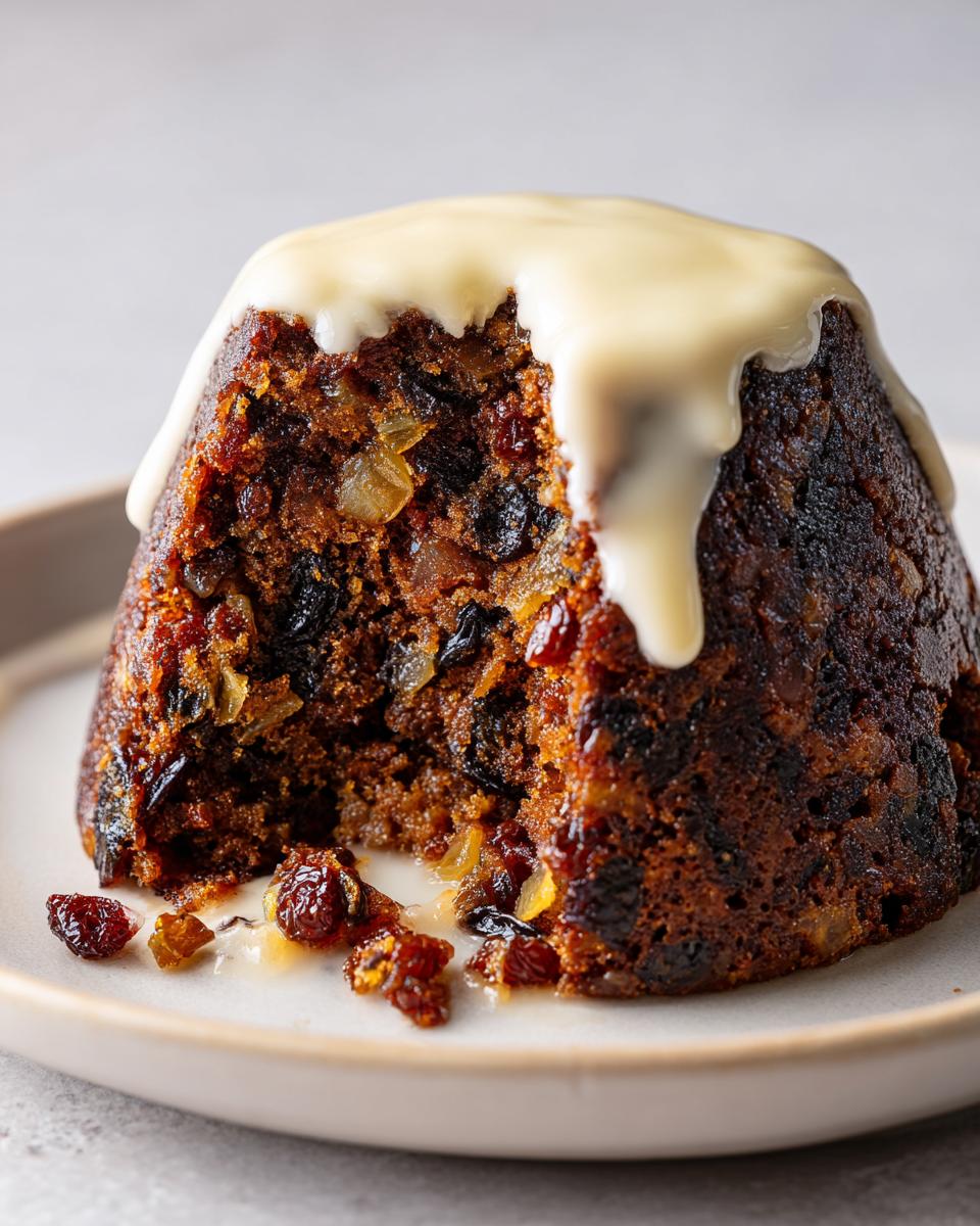 A close-up of a rich, dark plum pudding with a piece removed, generously topped with dripping white cream sauce.