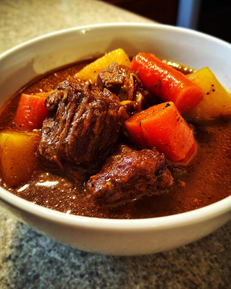 Close-up of a white bowl filled with rich, dark brown pork stew featuring tender chunks of meat and bright orange carrots.