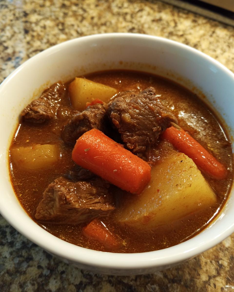 Close-up of a white bowl filled with rich, dark brown pork stew featuring tender meat chunks, large carrots, and potatoes.