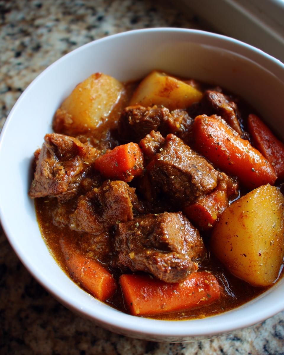 Close-up of a white bowl filled with rich, dark pork stew chunks, carrots, and potatoes.
