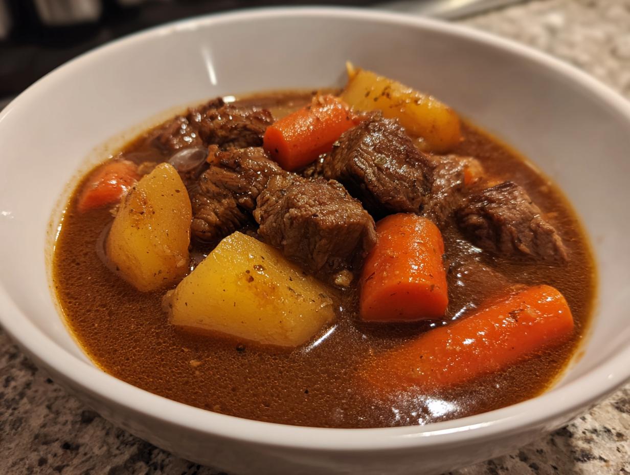 Close-up of a white bowl filled with rich, brown Amazing 8-hour pork stew chunks, potatoes, and carrots.