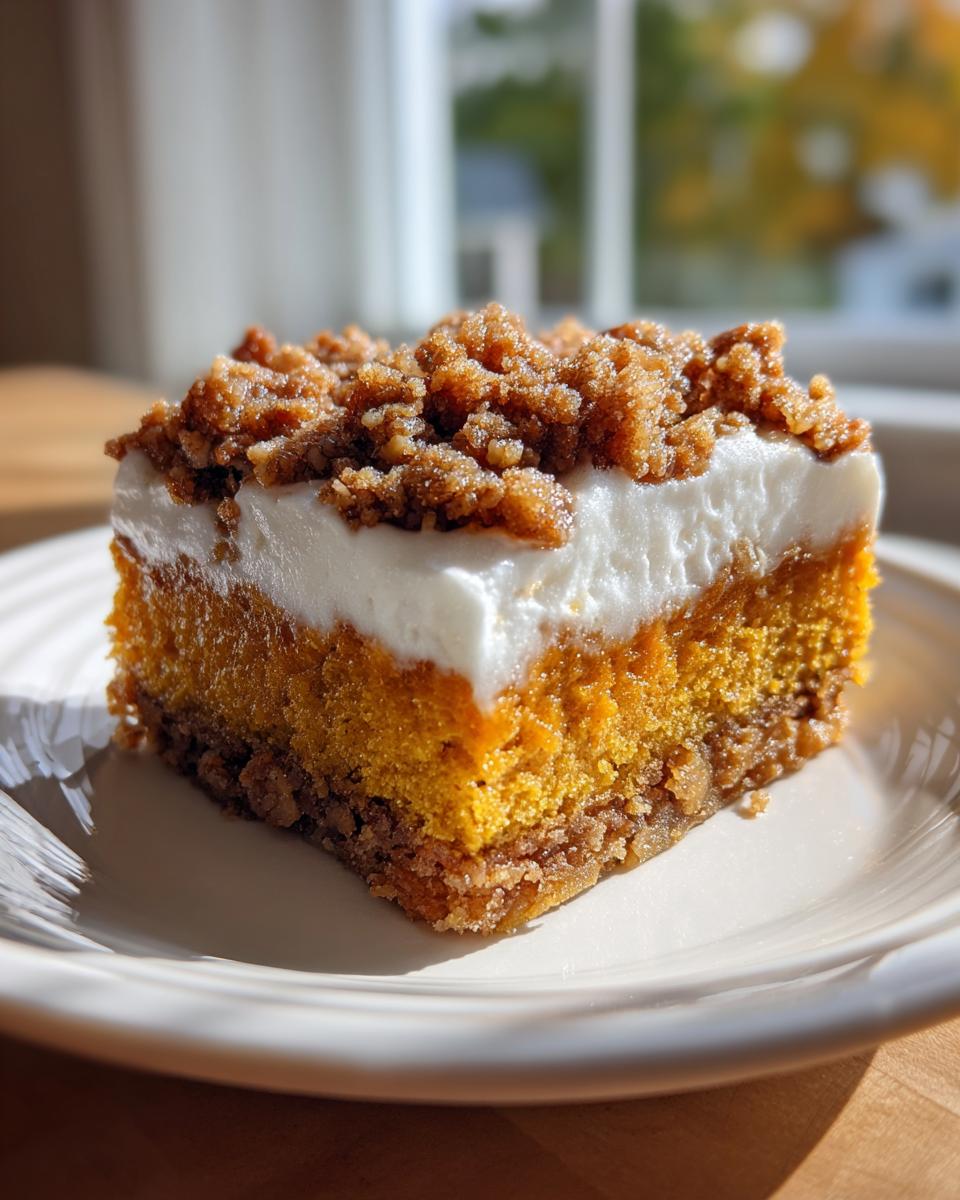 A square slice of amazing pumpkin crunch dessert showing layers: crust, pumpkin filling, white cream, and crumb topping.