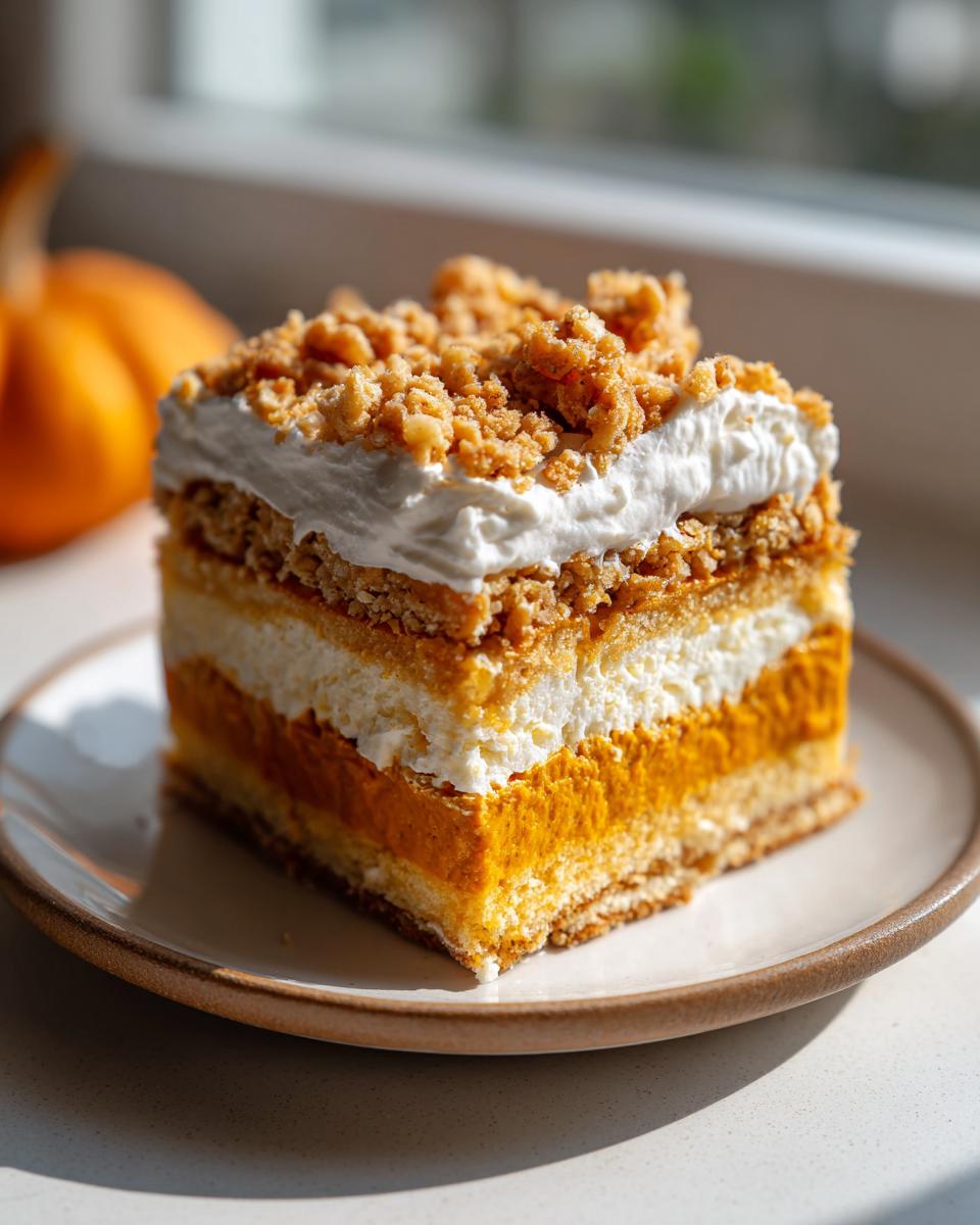 A layered slice of pumpkin crunch dessert featuring pumpkin filling, cream, and a crunchy topping.