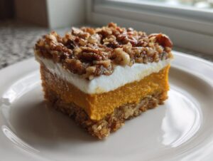 A layered square of pumpkin crunch dessert featuring a crust, bright orange pumpkin layer, white topping, and pecan crumble.
