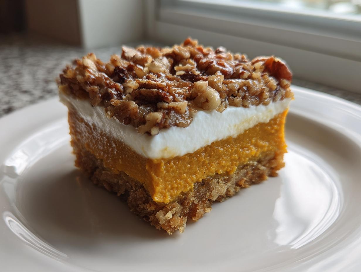A layered square of pumpkin crunch dessert featuring a crust, bright orange pumpkin layer, white topping, and pecan crumble.