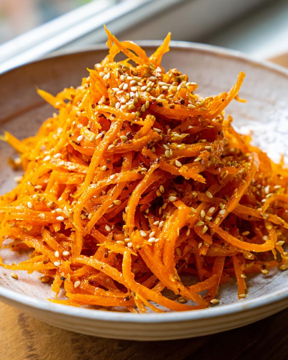 Close-up of a mound of bright orange raw carrot salad, julienned and topped generously with toasted sesame seeds.