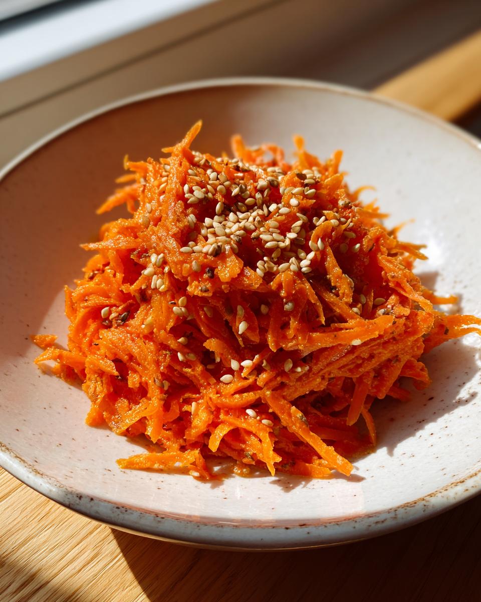 Close-up of a vibrant raw carrot salad, shredded and topped generously with toasted sesame seeds.