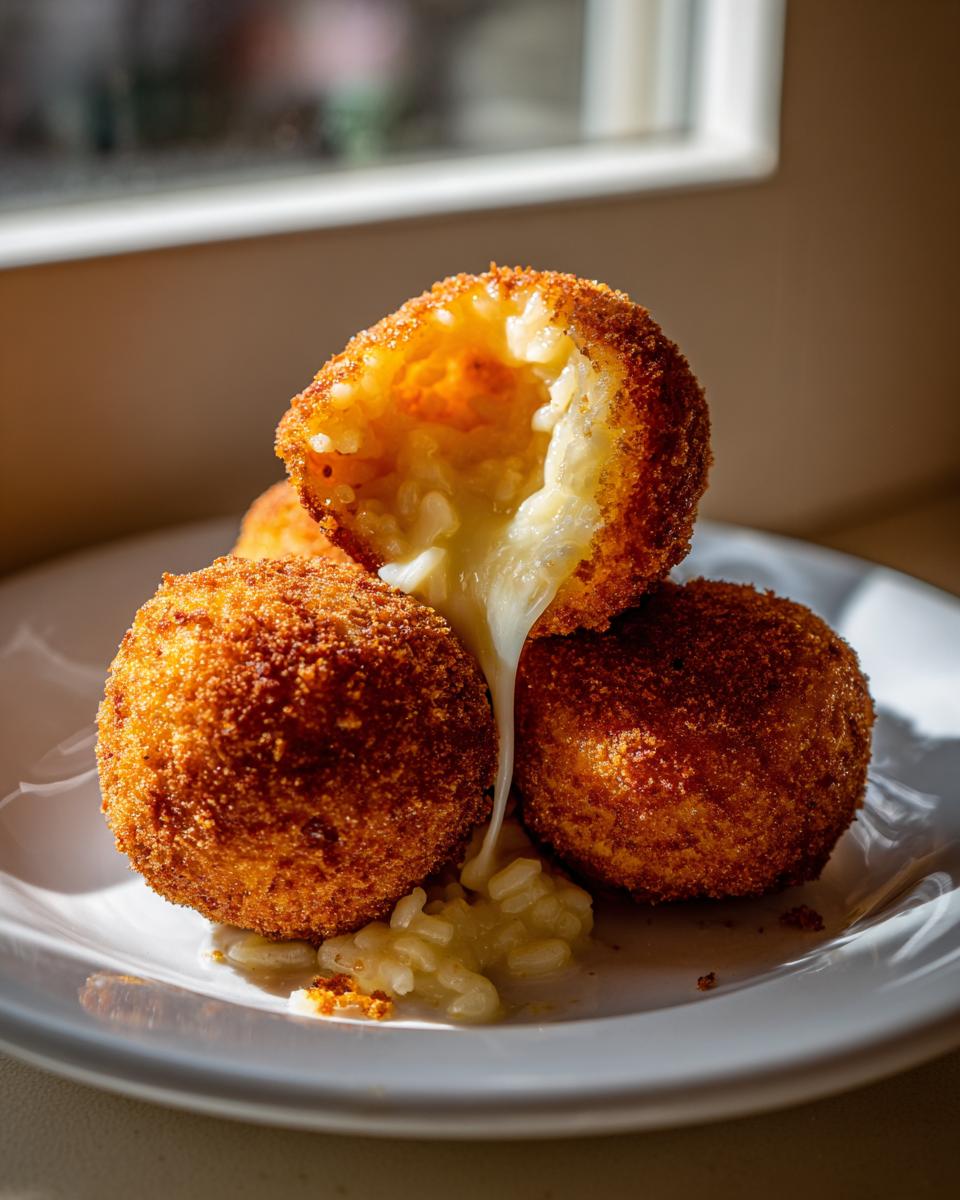 Three golden-brown, crispy rice balls stacked on a white plate, one broken open revealing melted cheese.