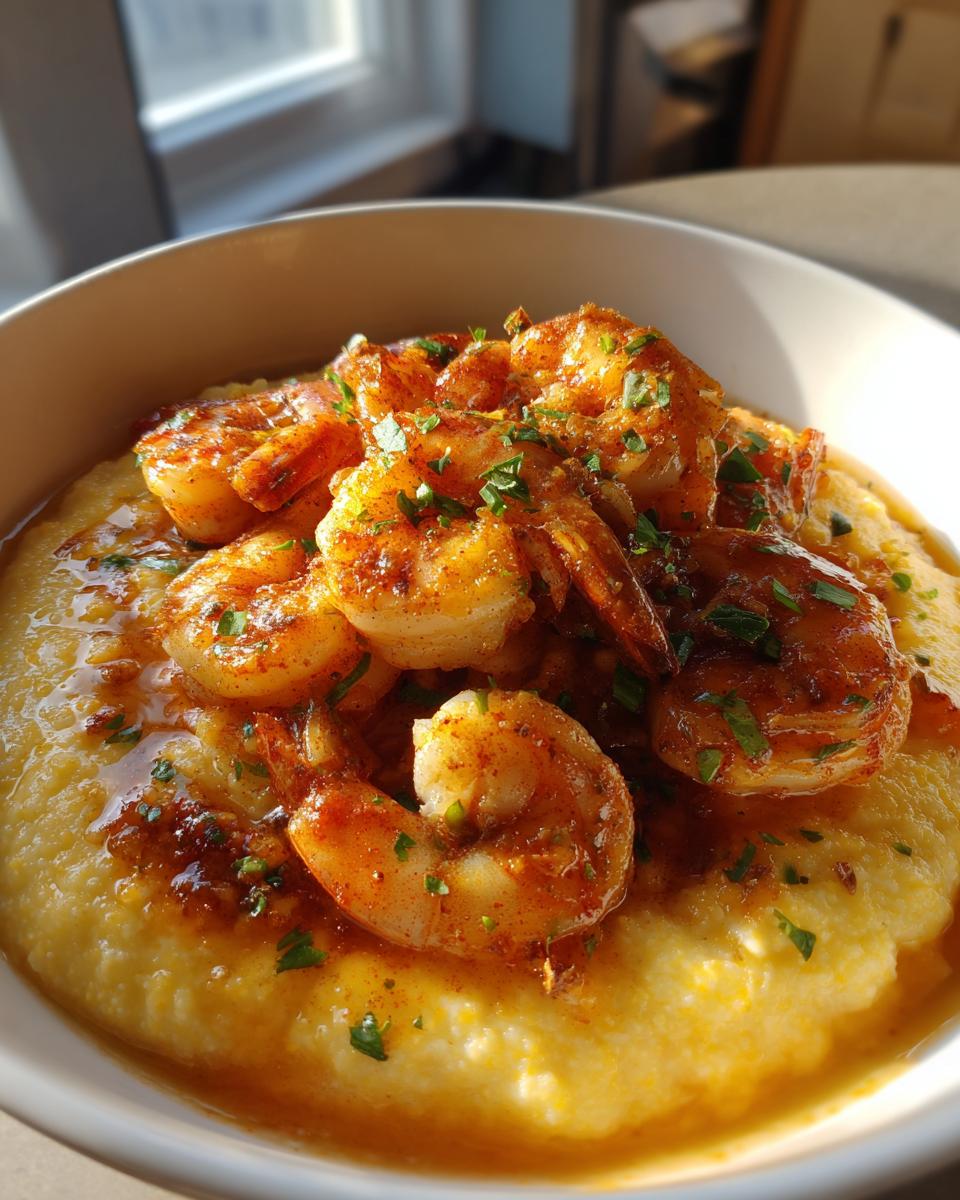 A close-up shot of creamy, yellow grits topped with perfectly seasoned shrimp in a rich sauce, garnished with parsley, showcasing the shrimp and grits dish.