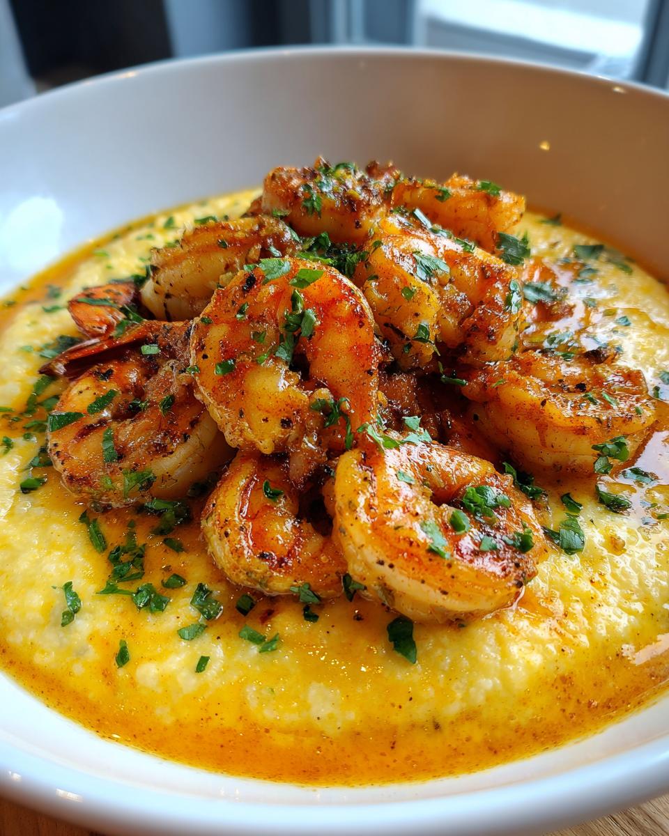 Close-up of perfectly seasoned shrimp served over creamy, cheesy grits, garnished with fresh parsley for an amazing shrimp and grits dish.