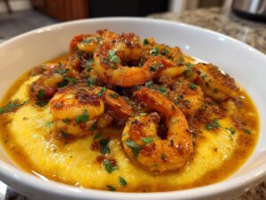 Close-up of perfectly cooked shrimp and grits, featuring seasoned shrimp over creamy yellow grits, garnished with parsley.