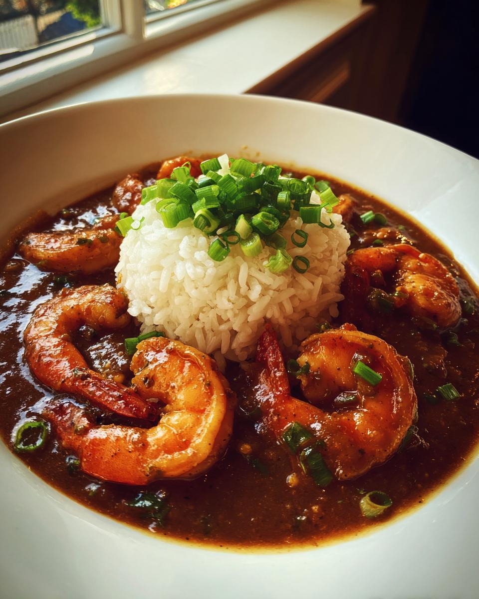 Close-up of a rich, dark roux-based shrimp etouffee served with a mound of white rice and topped with fresh green onions.