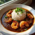 A close-up of rich, dark shrimp etouffee served with a mound of white rice and topped with fresh green onions.