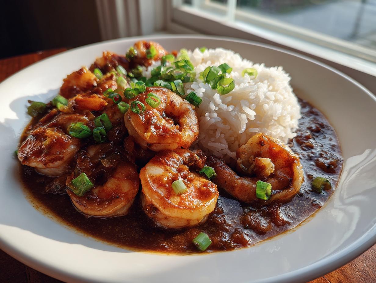A close-up of rich, dark shrimp etouffee served alongside a mound of white rice and garnished with chopped green onions.