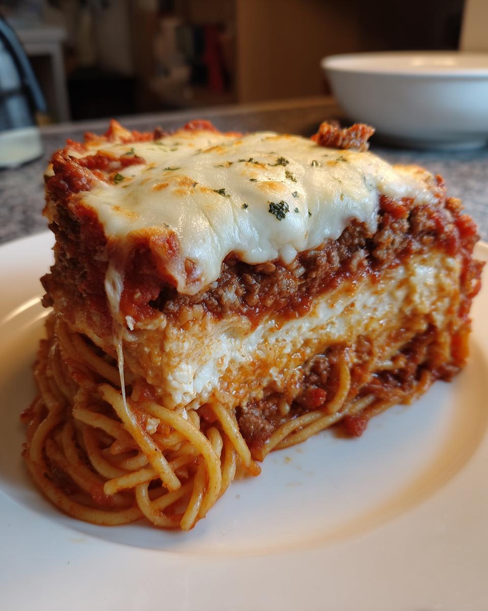 A tall, layered slice of spaghetti pie featuring pasta, meat sauce, ricotta, and a thick layer of melted mozzarella cheese on top.