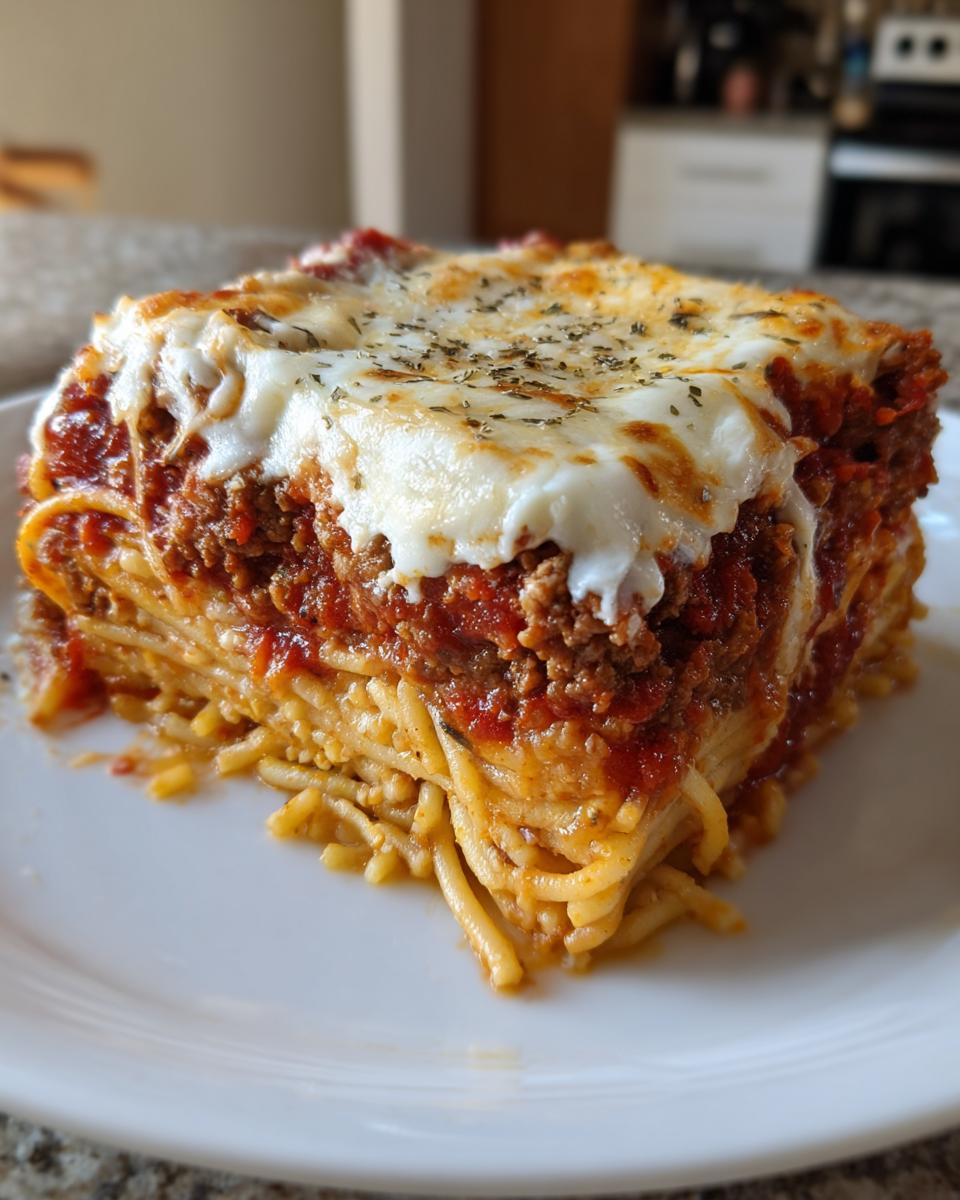 A thick, square slice of amazing spaghetti pie layered with meat sauce and topped with melted mozzarella and herbs.