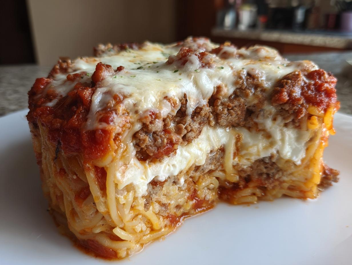 A thick, square slice of amazing spaghetti pie showing layers of pasta, meat sauce, and melted white cheese.